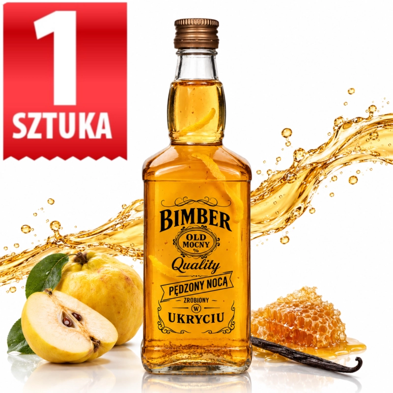 Szklana butelka Jack 500 ml z czarnym sitodrukiem retro Bimber Quality, oznaczenie 1 sztuka, w aranżacji z przekąskami