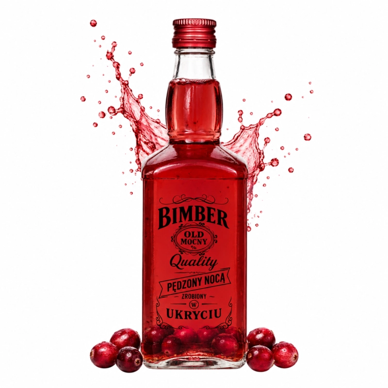 Butelka szklana Jack 0,5 l z czerwoną nalewką owocową i retro nadrukiem Bimber Quality w dynamicznym rozbryzgu