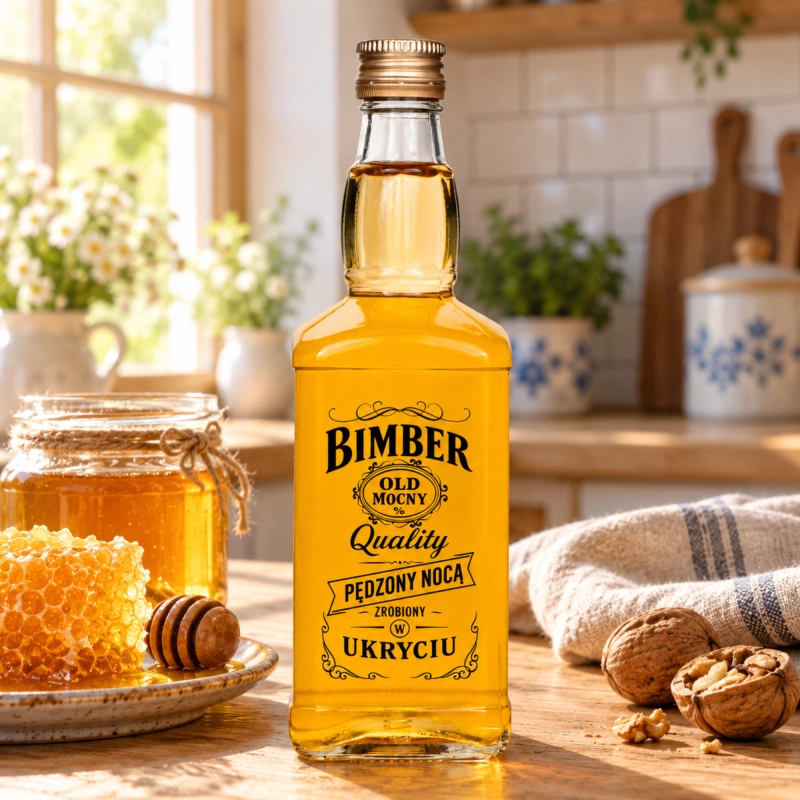 Szklana butelka Jack 500 ml z czarną grafiką Bimber Quality i bursztynowym trunkiem na kuchennym blacie, prezent dla niego
