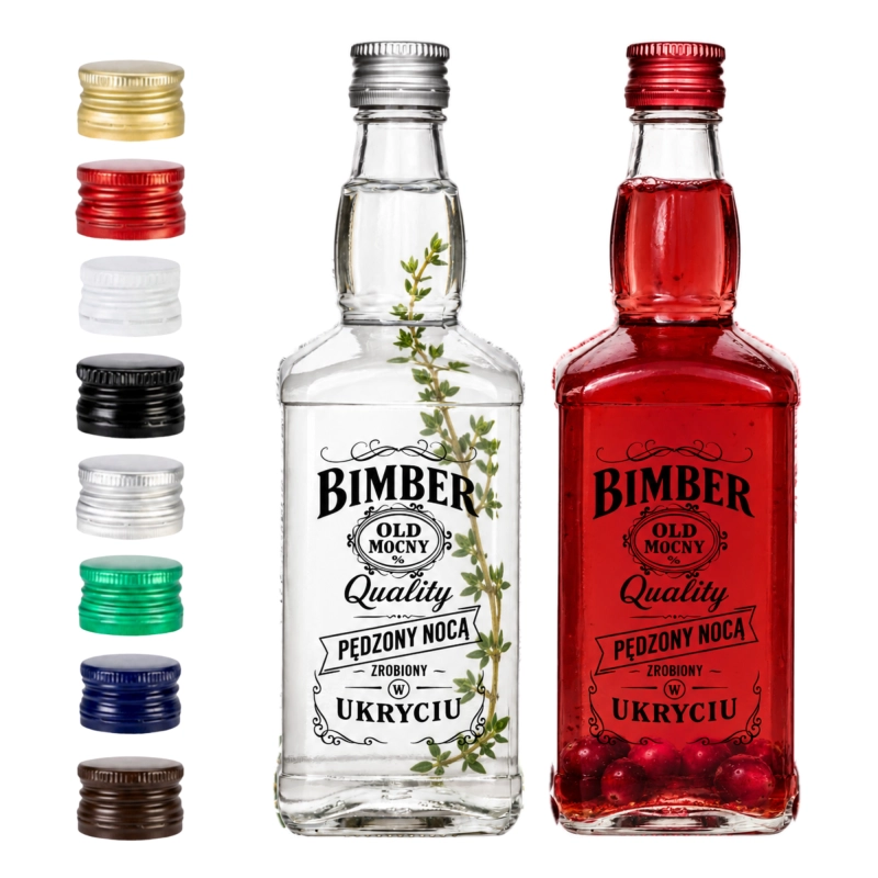 Osiem kolorów zakrętek 28/18 do kompletu butelek szklanych Jack 500 ml z nadrukiem Bimber Quality, jeden kolor lub mix