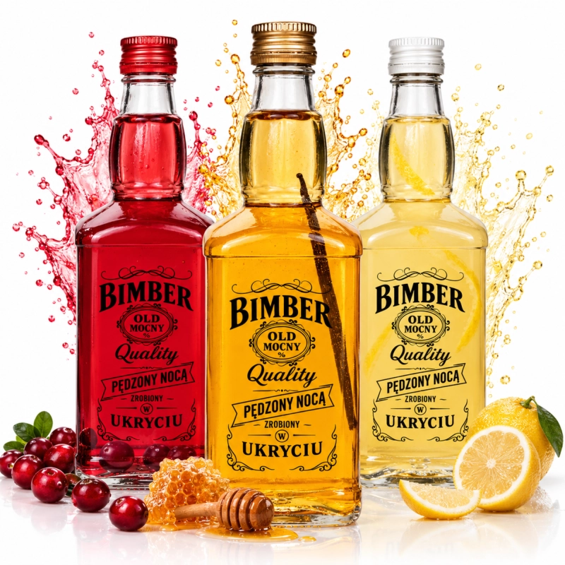 Komplet butelek szklanych Jack pół litra z czarną grafiką Bimber Quality, nalewki w trzech kolorach wśród owoców i rozbryzgu