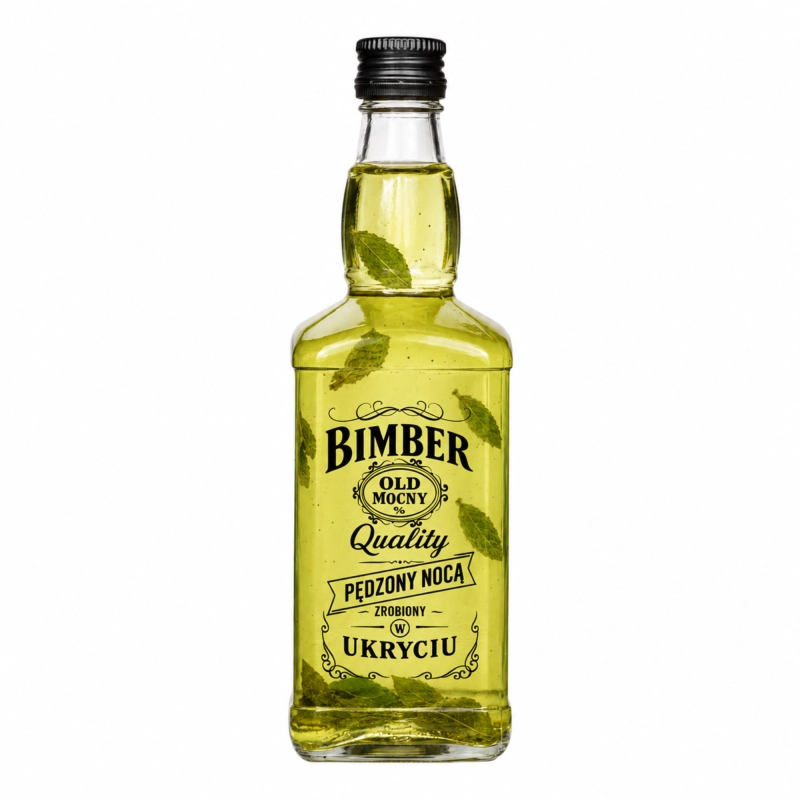 Kwadratowa butelka szklana Jack 0,5 l wypełniona żółtozieloną nalewką, z nadrukiem Bimber Quality jak etykieta whisky