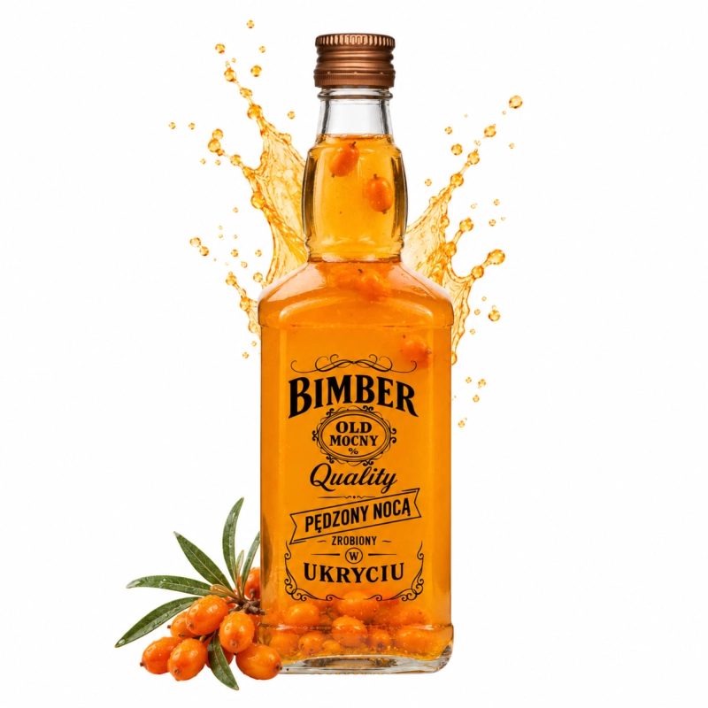 Szklana flaszka Jack 500 ml z pomarańczową nalewką i grafiką Bimber Quality, otoczona rozbryzgiem i świeżymi owocami