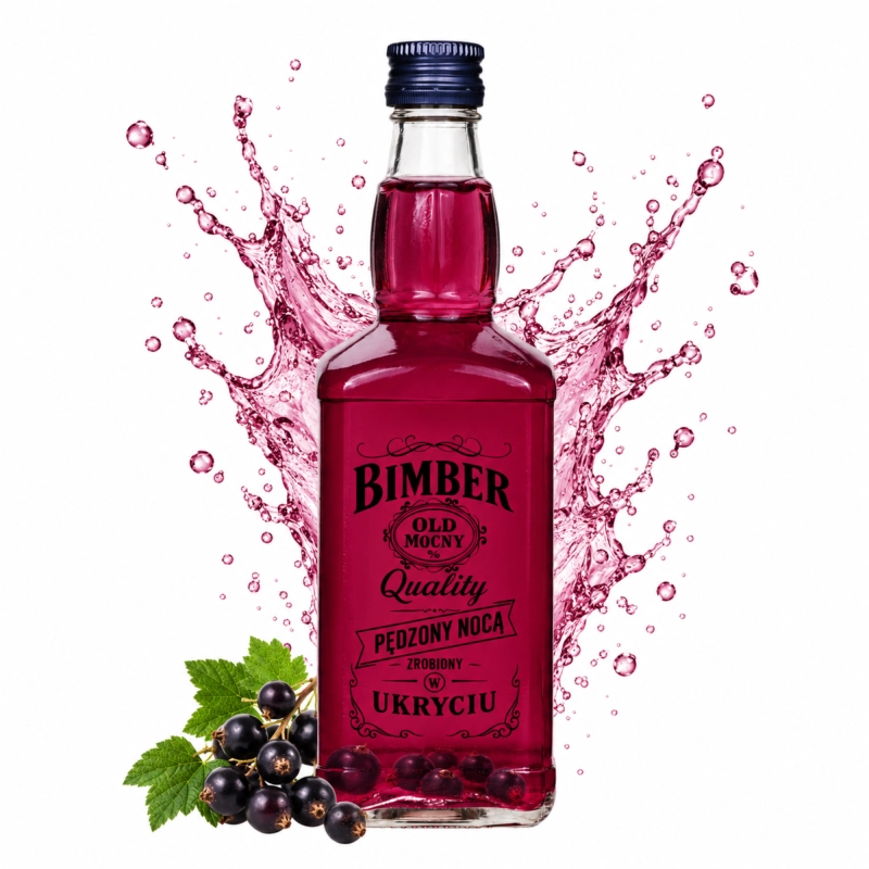 Półlitrowa butelka szklana Jack z ciemnoczerwoną nalewką i napisem Bimber Quality w rozbryzgu z owocami na białym tle