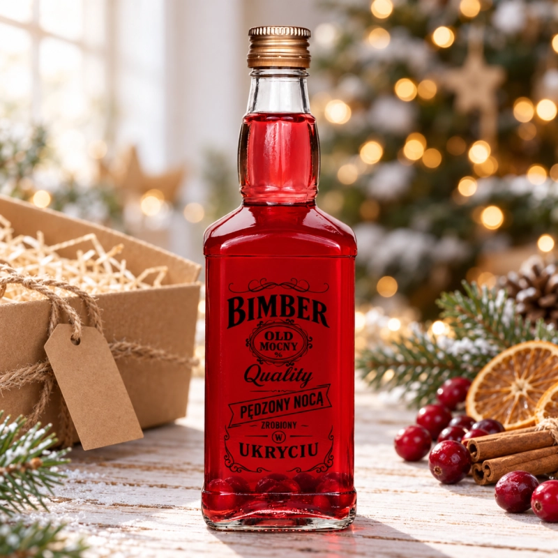 Szklana butelka Jack 0,5 l z nalewką wiśniową i grafiką Bimber Quality w świątecznym wnętrzu, prezent dla mężczyzny