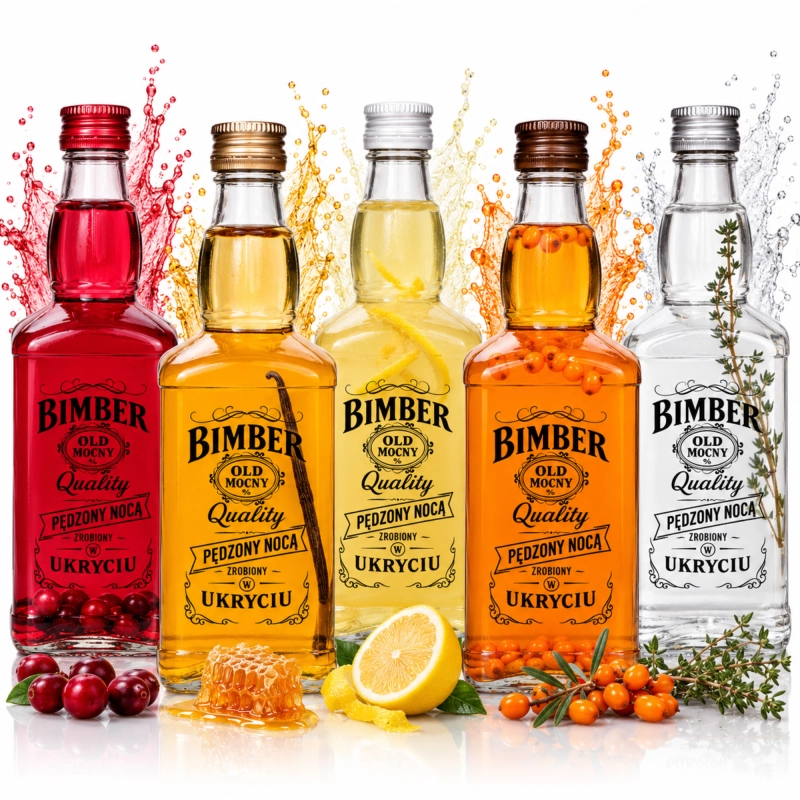 Komplet 10 butelek szklanych Jack pół litra z grafiką Bimber Quality w stylu whisky, na całą partię 5 l nalewki domowej