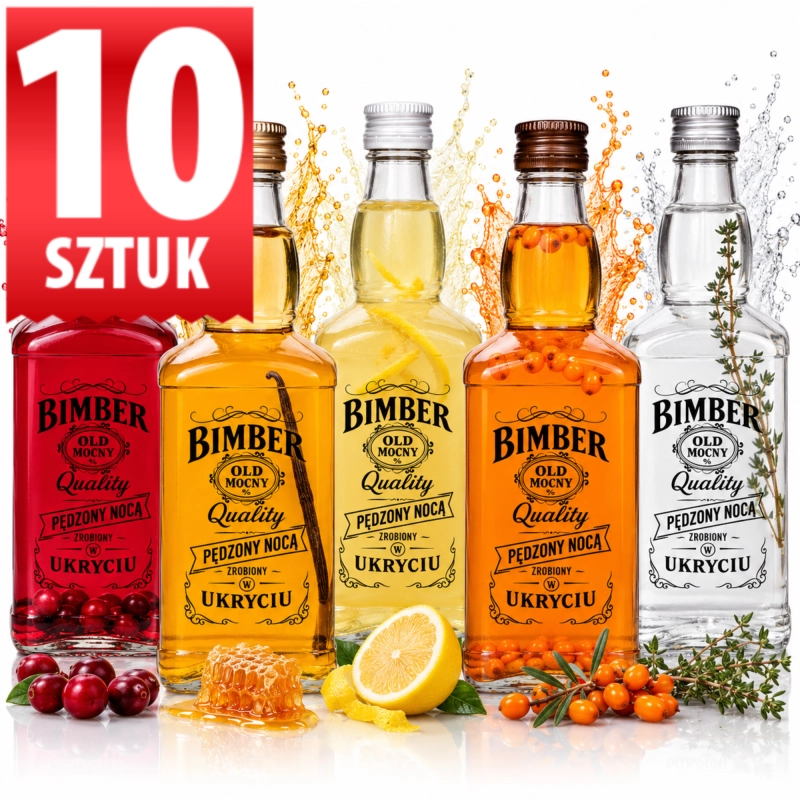 Zestaw 10 szklanych butelek Jack 500 ml z czarnym sitodrukiem retro Bimber Quality, nalewki czerwone, złote i jedna pusta