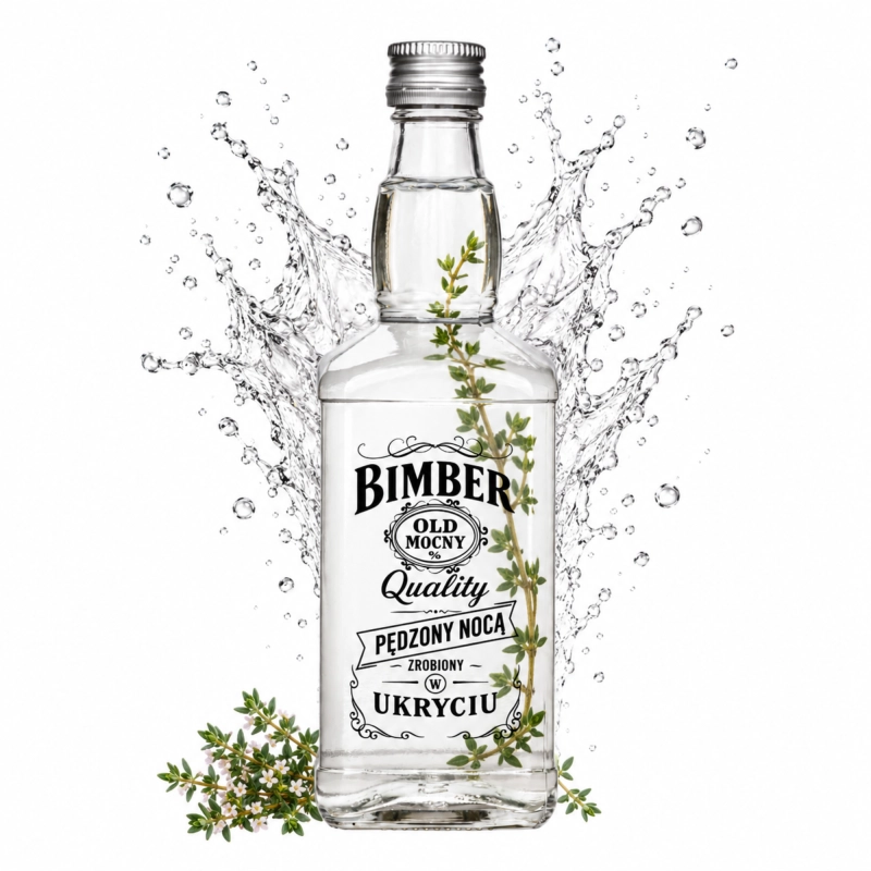 Przezroczysta butelka szklana Jack 500 ml z bezbarwnym trunkiem i grafiką Bimber Quality wśród białych gałązek