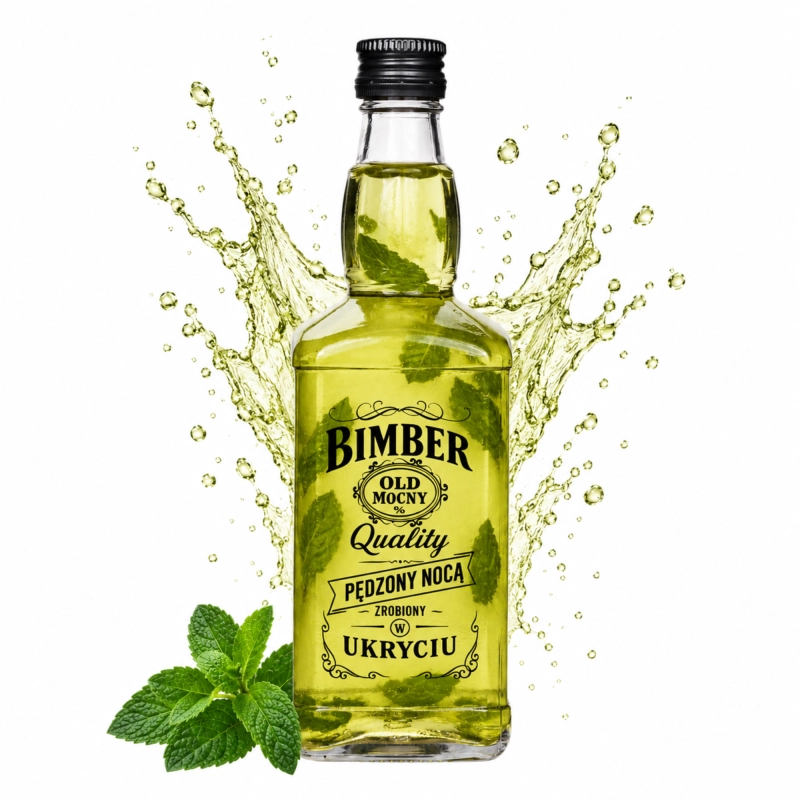 Półlitrowa butelka szklana Jack z zieloną nalewką i retro nadrukiem Bimber Quality wśród świeżych ziół i liści