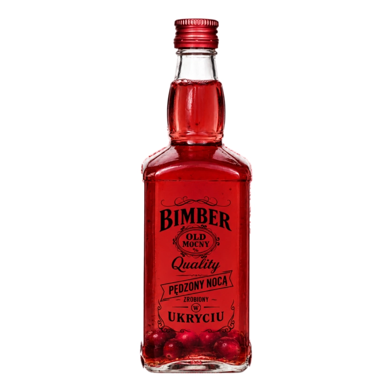 Butelka szklana Jack 500 ml z intensywnie czerwoną nalewką, czarną grafiką Bimber Quality i zakrętką fi 28, białe tło