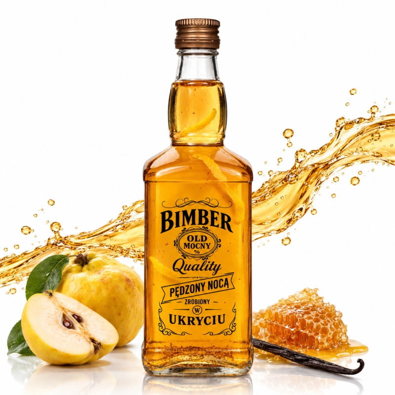 Szklana butelka Jack 500 ml z sitodrukiem Bimber Quality i złotą whisky w dynamicznym rozbryzgu z przekąskami