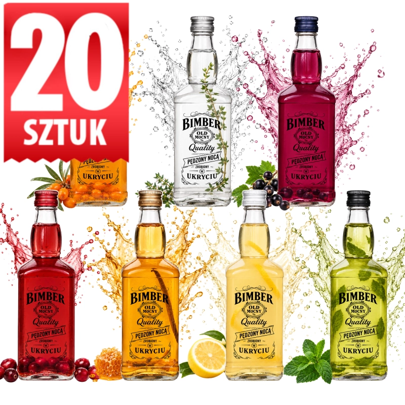 Opakowanie zbiorcze 20 szklanych butelek Jack 500 ml z retro sitodrukiem Bimber Quality, nalewki czerwone, złote i puste