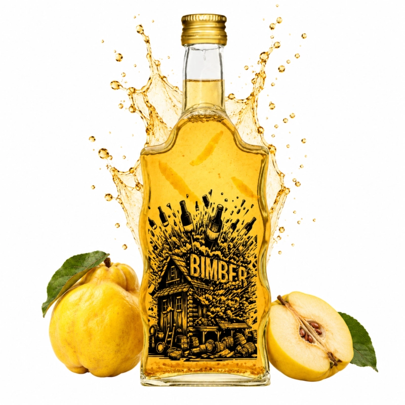 Szklana butelka Warta Fala 500 ml z żółtą nalewką i czarną grafiką chaty z beczkami, w rozbryzgu z cytrusami