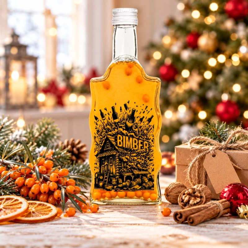 Szklana butelka Warta Fala 500 ml z nadrukiem Stara Bimbrownia przy świątecznym stole, jeden z pięciu prezentów na święta
