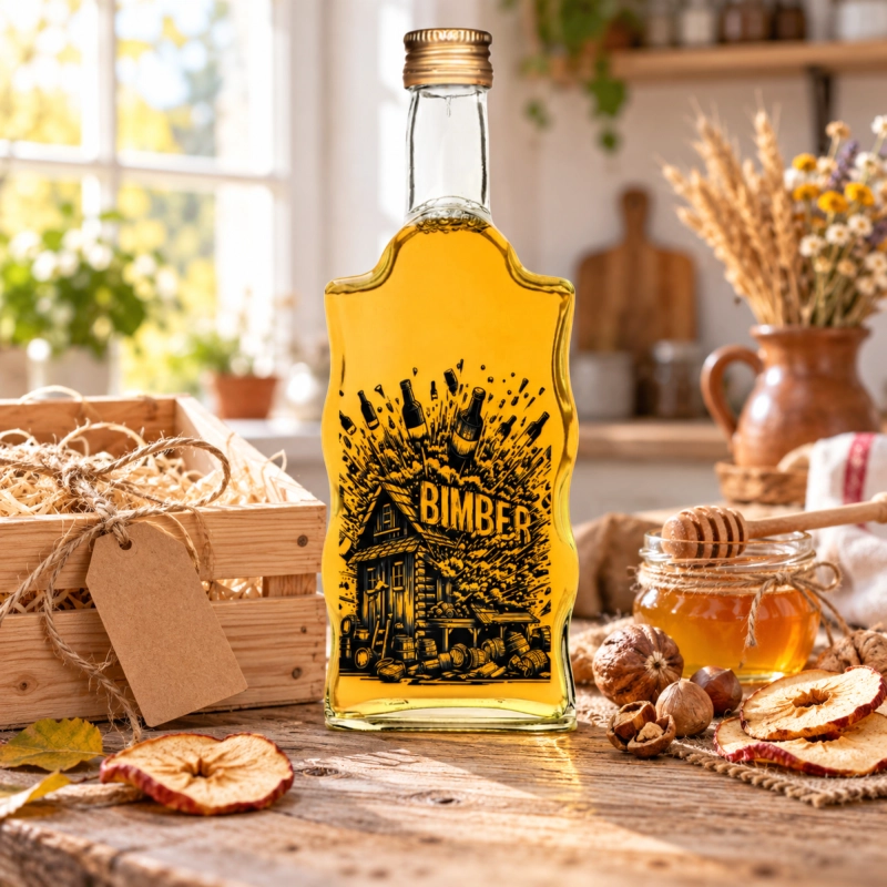 Butelka szklana Warta Fala 500 ml z czarną grafiką Stara Bimbrownia i bursztynowym trunkiem na drewnianym stole