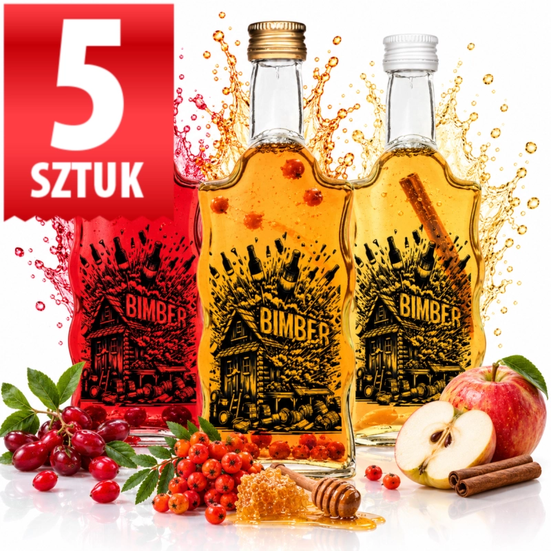Zestaw 5 szklanych butelek Warta Fala 500 ml z czarnym nadrukiem Stara Bimbrownia, bursztynowe nalewki wśród owoców