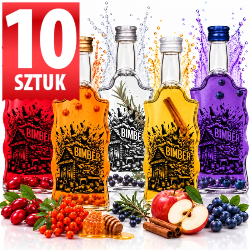 Zestaw 10 szklanych butelek Warta Fala 500 ml z nadrukiem Stara Bimbrownia, nalewki czerwone, złote, fioletowe i bezbarwne