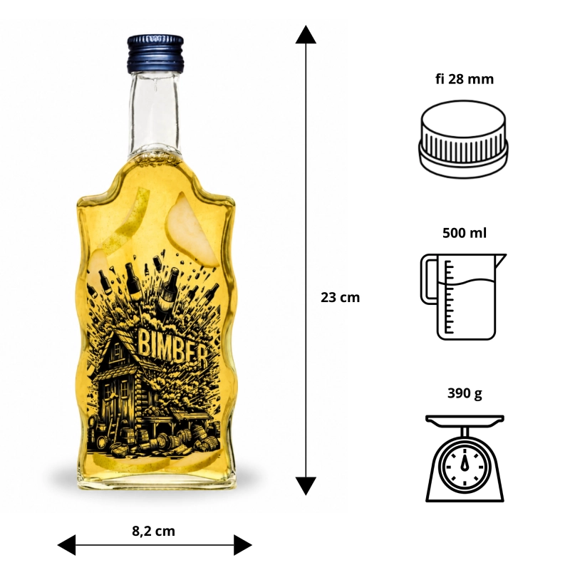 Techniczny rysunek z wymiarami szklanej butelki Warta Fala 500 ml z nadrukiem Stara Bimbrownia i zakrętki 28/18