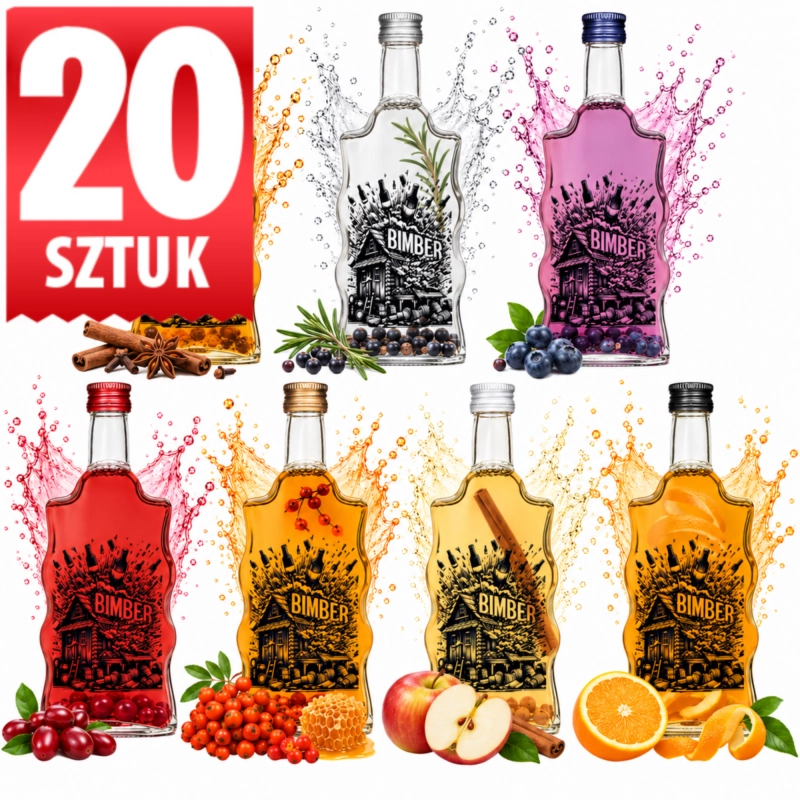 Opakowanie zbiorcze 20 szklanych butelek Warta Fala 500 ml z nadrukiem Stara Bimbrownia, dwa rzędy kolorowych nalewek