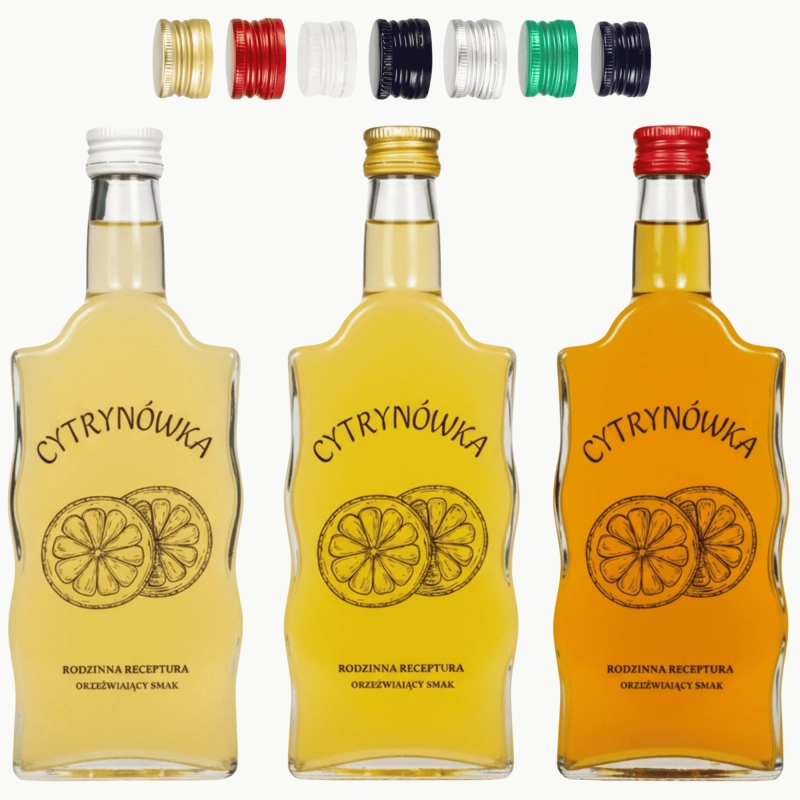 Trzy szklane butelki Warta 500 ml z nadrukiem Cytrynówka i kolorowymi zakrętkami fi 28 nad nimi