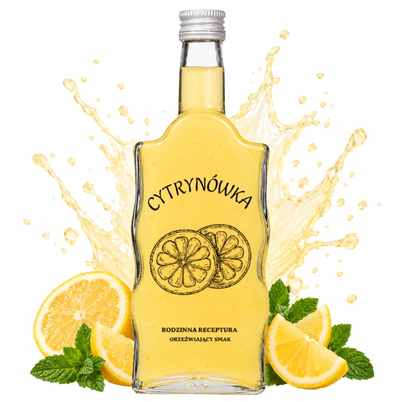 Butelka szklana Warta 500 ml z sitodrukiem Cytrynówka Rodzinna receptura wśród świeżych cytryn i liści