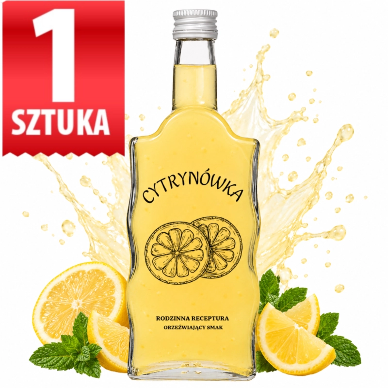 Szklana butelka Warta Fala 500 ml z czarnym nadrukiem Cytrynówka i plastrami cytryny, wariant 1 sztuka