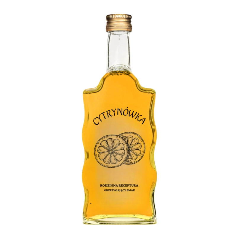 Butelka z nadrukiem Cytrynówka napełniona żółtą nalewką, szkło Warta Fala 0,5 l z falowanymi bokami
