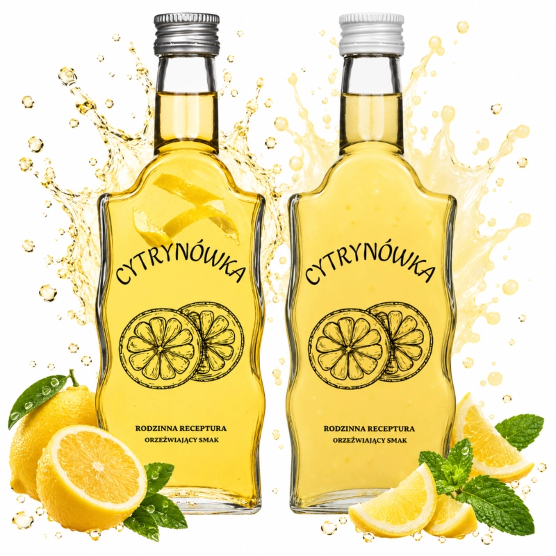 Komplet szklanych butelek Warta 0,5 l z czarnym napisem Cytrynówka i rysunkiem cytryn wśród owoców i liści