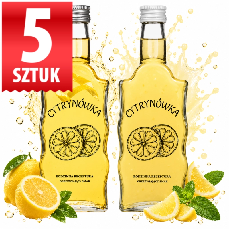 Zestaw 5 szklanych butelek Warta Fala 500 ml z sitodrukiem Cytrynówka, razem 2,5 l na całą nastawkę z cytryn