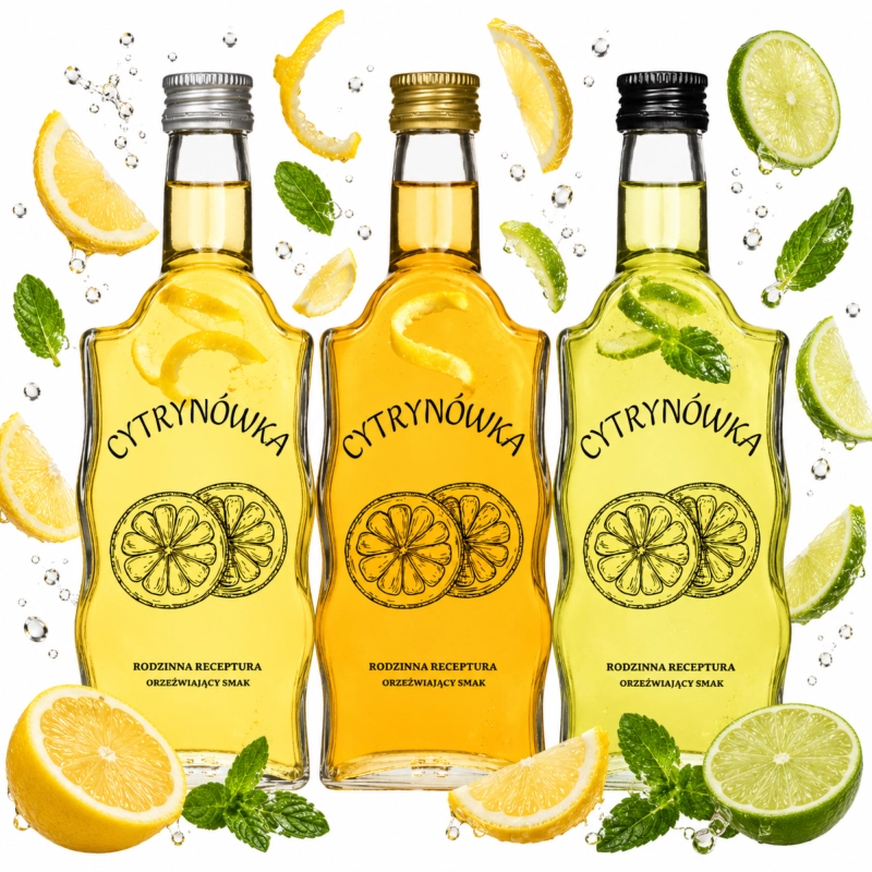 Cztery szklane butelki Warta 500 ml z czarnym sitodrukiem Cytrynówka wśród cytryn i limonek, komplet 10 sztuk