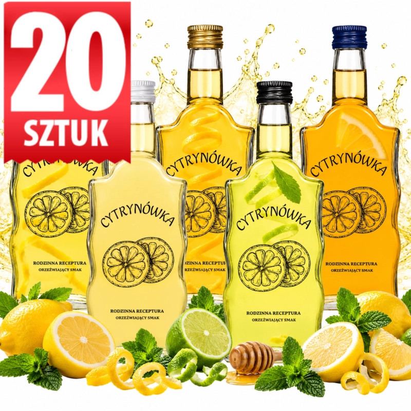 Zestaw 20 szklanych butelek Warta Fala 500 ml z sitodrukiem Cytrynówka, 10 l na wesele, komunię i większy rozlew