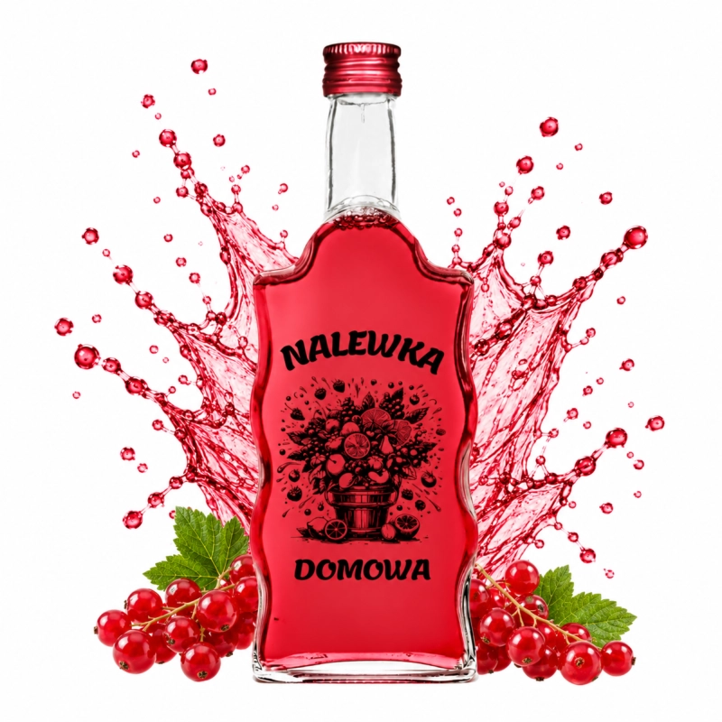 Butelka szklana na nalewkę 500 ml z sitodrukiem cebra pełnego owoców, ciemnoczerwony trunek wśród wiśni i porzeczek