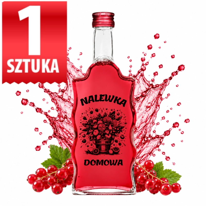 Szklana butelka Warta Fala 500 ml z czarnym nadrukiem Nalewka Domowa, czerwona wiśniówka i rozprysk wiśni