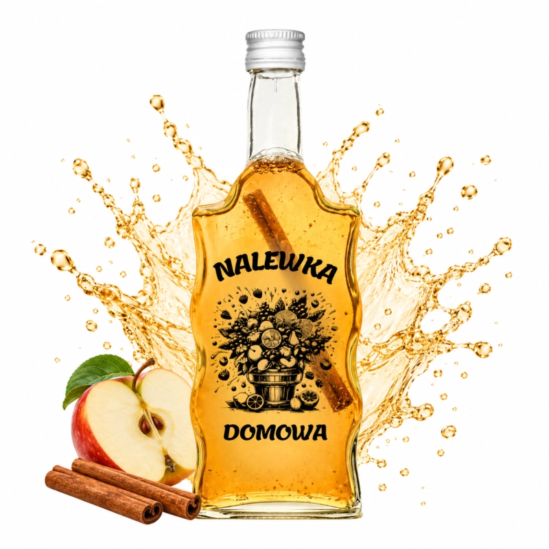Butelka szklana Warta 500 ml z pomarańczową nalewką i sitodrukiem Nalewka Domowa w rozprysku owoców i soku