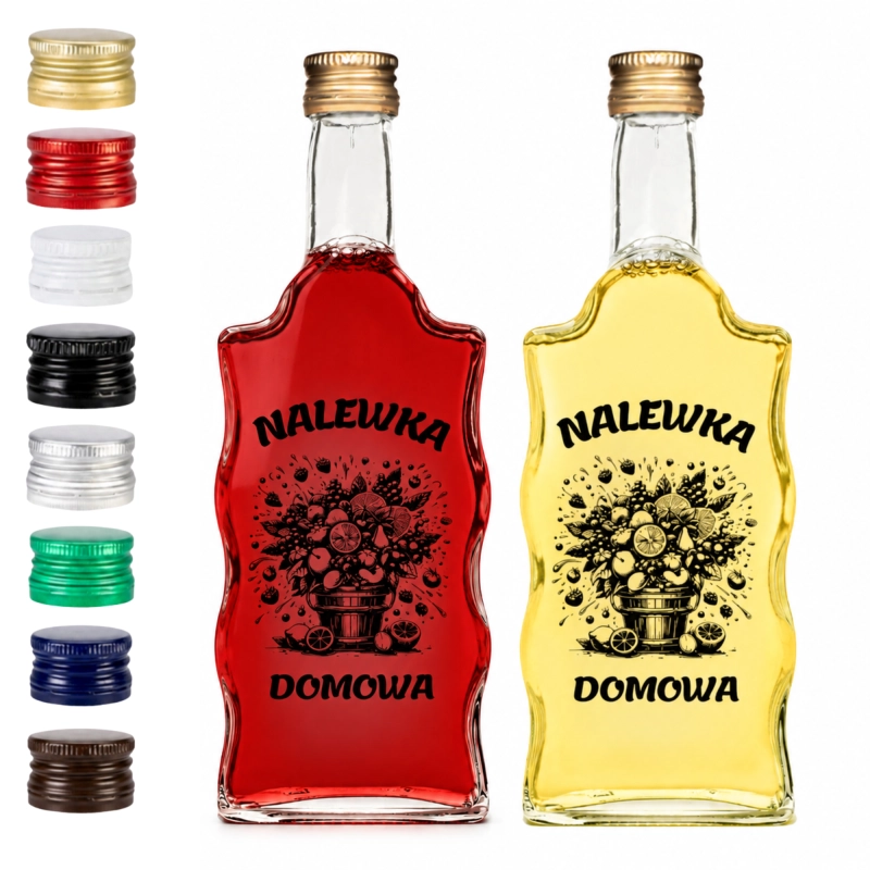 Pakiet butelek Warta 500 ml z nadrukiem Nalewka Domowa, czerwona i żółta, z mixem kolorowych zakrętek fi 28