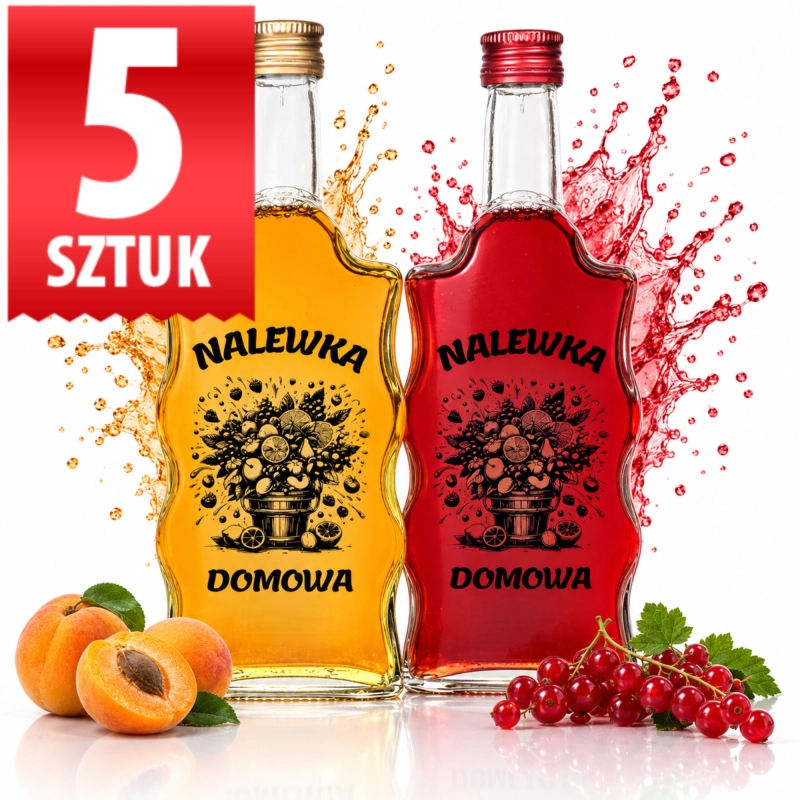 Zestaw 5 szklanych butelek Warta Fala 500 ml z nadrukiem Nalewka Domowa, 2,5 l na pierwszą partię nalewki