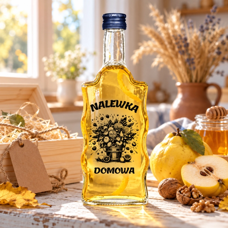 Butelka na nalewki 500 ml z sitodrukiem Nalewka Domowa na kuchennym blacie wśród owoców, upominek na święta