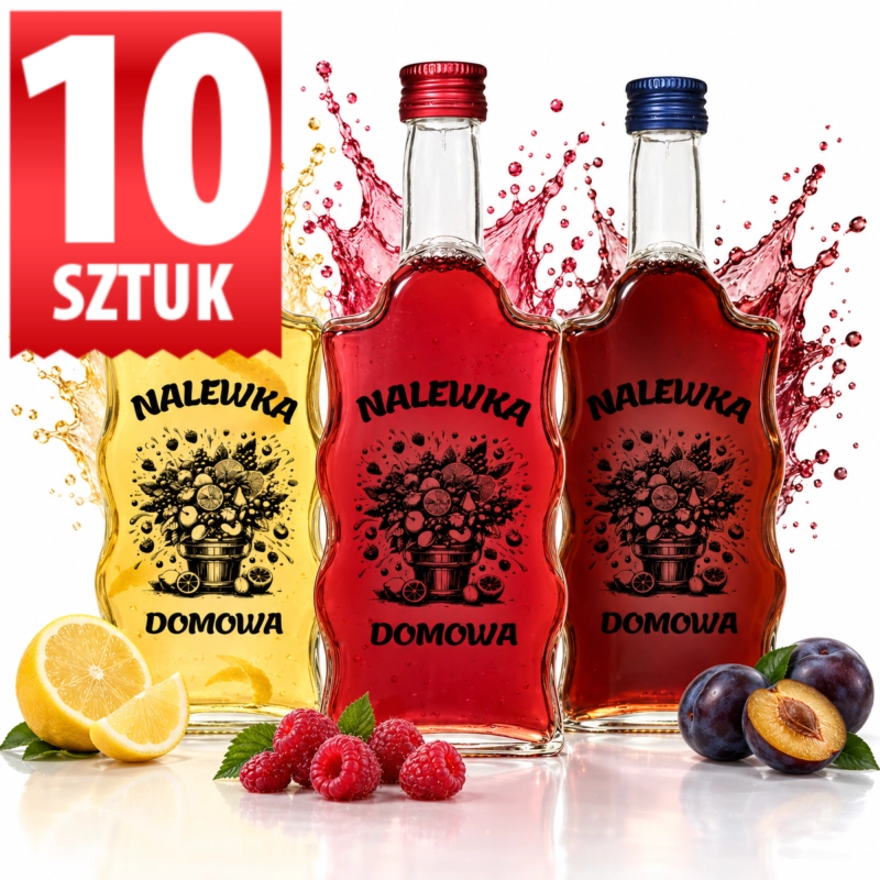 Zestaw 10 szklanych butelek Warta Fala 500 ml z nadrukiem Nalewka Domowa, 5 l na całą zaprawę z jednego słoja