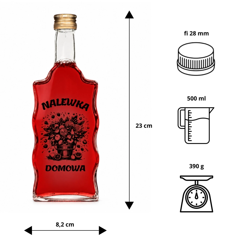 Schemat wymiarów szklanej butelki Warta Fala 500 ml Nalewka Domowa z zakrętką 28/18 w ośmiu barwach