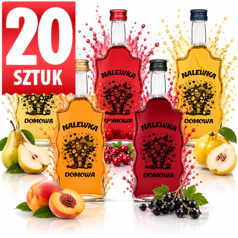 Zestaw 20 szklanych butelek Warta Fala 500 ml z nadrukiem Nalewka Domowa, 10 l na rozlew całego sezonu