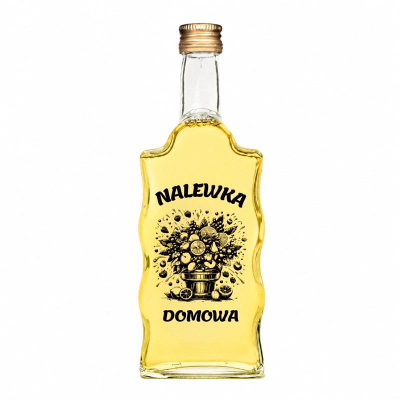 Szklana butelka Warta 500 ml z bladożółtą nalewką i napisem Nalewka Domowa, front butelki na białym tle