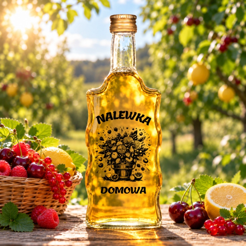 Butelka Warta z nadrukiem Nalewka Domowa wśród drzew owocowych, hurtowy zapas butelek na sezon nalewkowy