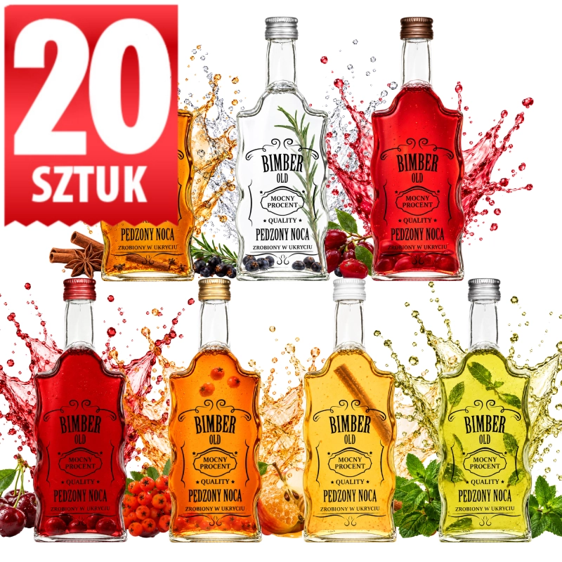 Zestaw 20 szklanych butelek Warta Fala 500 ml z sitodrukiem Bimber Pędzony Nocą, 10 l w jednym kartonie