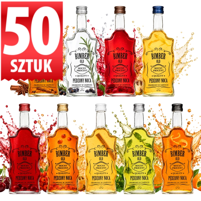 Zestaw 50 szklanych butelek Warta Fala 500 ml z sitodrukiem Bimber Pędzony Nocą, 25 l na wesele lub zlot