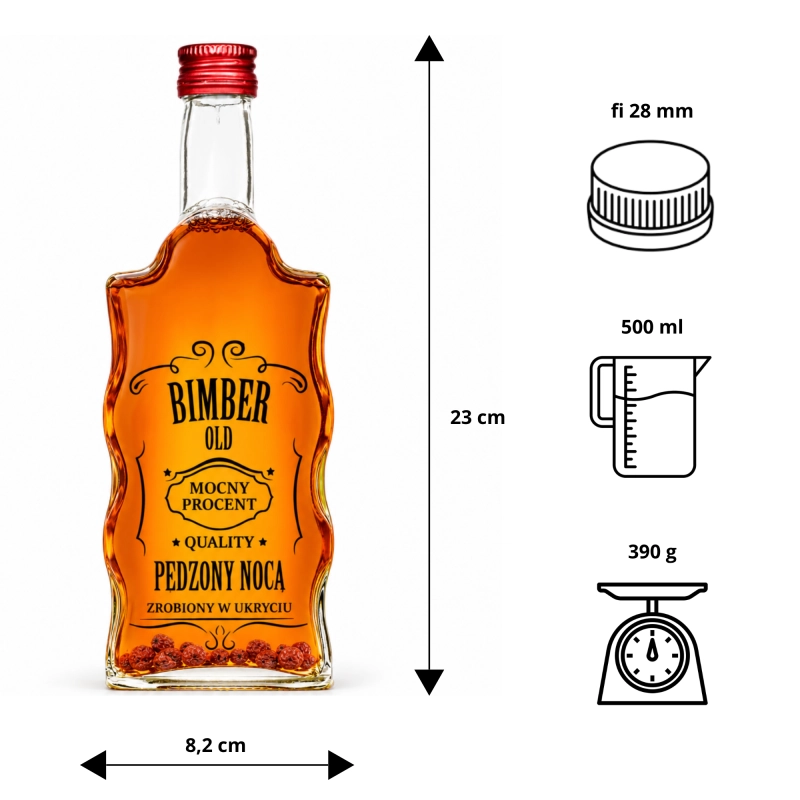 Wymiary butelki Warta Fala: 500 ml, 23 cm wysokości, gwint fi 28 i zakrętki 28/18 w 8 kolorach, jeden lub mix
