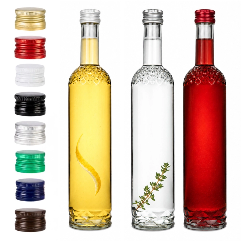 Trzy szklane butelki Nargiz 500 ml z nalewkami i paleta 8 kolorów zakrętek 28/18 do wyboru na gwint fi 28