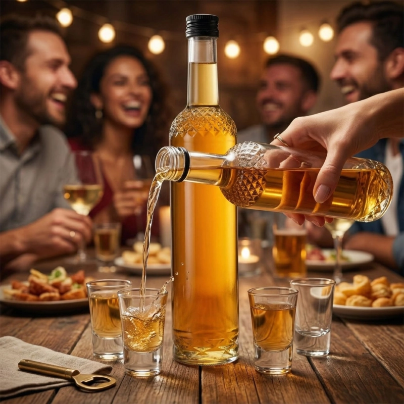 Butelka szklana Nargiz 500 ml z bursztynową nalewką na stole w rustykalnym wnętrzu, pomysł na domowy prezent