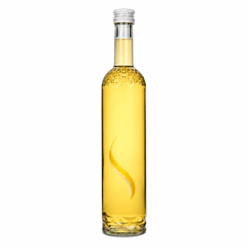 Przejrzysta szklana butelka Nargiz 0,5 l z jasnożółtą nalewką cytrynową i tłoczonym wzorem na szkle