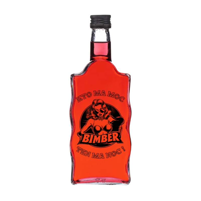 Szklana butelka 500 ml z nadrukiem Kto ma moc, ten ma noc i czerwonym płynem, gwint fi 28, na nalewki i likiery