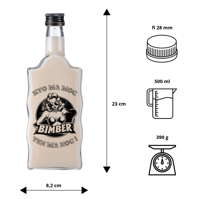 Wymiary szklanej butelki Warta Fala 500 ml z gwintem fi 28 i zakrętką 28/18, rysunek techniczny z oznaczeniami